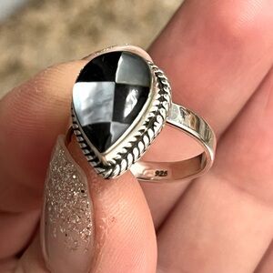 Aurora Opal/ black Onyx Checkered 925 silver ring